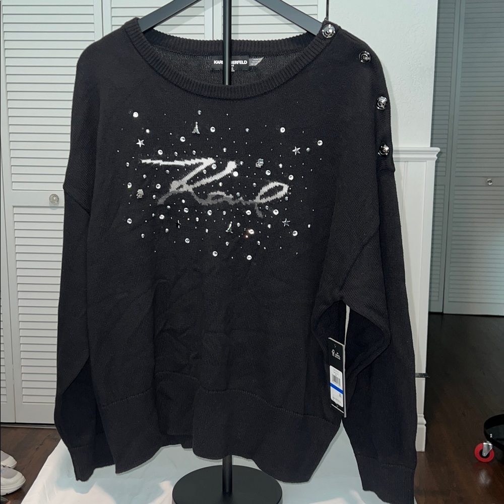 Karl Lagerfeld Black Sweater with Logo and Button Details Size XL